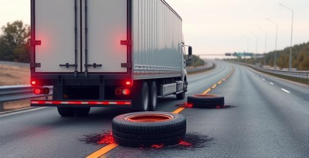 Imagen de un camión accidentado en una autovía con luces intermitentes activadas y restos de neumáticos quemados en el arcén