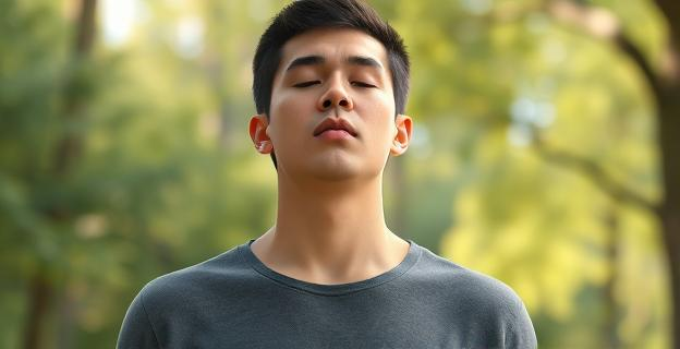 Imagen de una persona realizando una doble inhalación seguida de una exhalación prolongada en un entorno tranquilo y natural