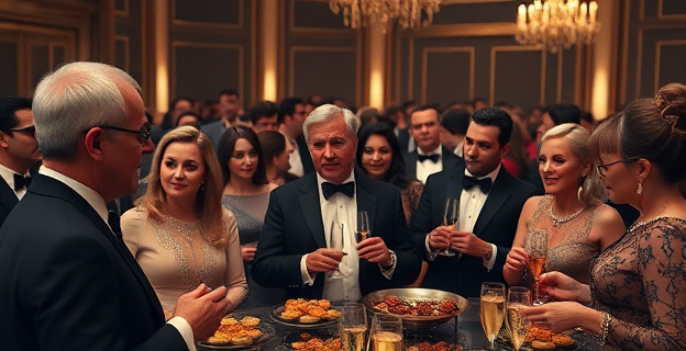 Una imagen de una gala de premios llena de gente vestida con ropa de lujo, con expresiones de suficiencia moral, mientras se sirven canapés y champán en un entorno lujoso.