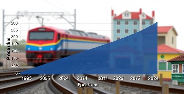 Imagen de un gráfico comparativo que muestra la evolución del gasto público en España desde 1995 hasta 2024, destacando el crecimiento exponencial de las pensiones frente al estancamiento relativo de otras partidas como sanidad, educación e inversión pública. En el fondo, una representación simbólica de servicios públicos deteriorados (tren averiado, hospital congestionado, escuela en mal estado).