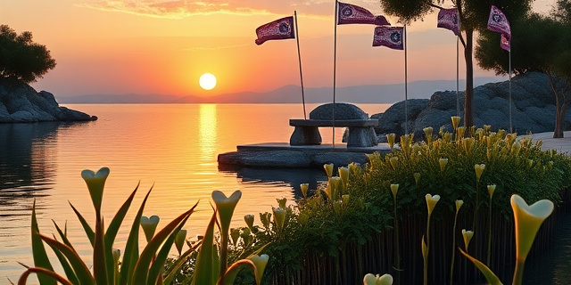 Un paisaje mediterráneo al atardecer, con la ribera de un río donde crece una planta de silfio con hojas largas y semillas en forma de corazón. A lo lejos, una antigua banca de Cirene con monedas grabadas en forma de planta. La escena se ve al estilo de un fresco griego, sin rostros humanos, solo la naturaleza y la arquitectura.