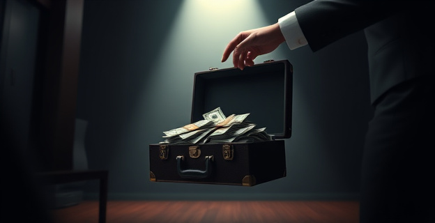 Una escena que muestra un maletín lleno de dinero siendo transferido en un entorno empresarial opaco, con sombras y luces tenues que sugieren secretismo.