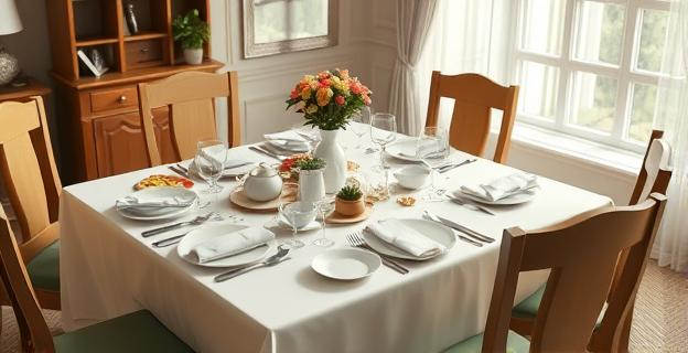 Una mesa de comedor siendo recogida con rapidez y eficiencia, mostrando un contraste entre el desorden inicial y el orden posterior, con un ambiente de calma y serenidad en el entorno.