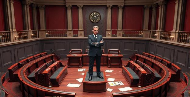Imagen de un hemiciclo vacío del Senado español con una figura central representando a un político en una postura evasiva, con documentos dispersos en el suelo y un reloj en la pared marcando seis horas.