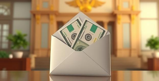 Una imagen de un sobre con dinero en metálico en una oficina con un fondo de un edificio oficial, posiblemente relacionado con el PSOE.