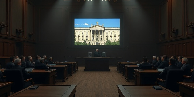 Una sala de Senado iluminada con luces tenues, mesas de madera y una gran pantalla de televisión en el fondo que muestra la fachada de RTVE, con sombras de figuras sindicales observando, colores neutros y ambiente tenso, sin texto ni caras específicas.