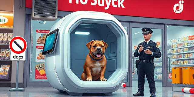 Una ilustración satírica de un perro sentado dentro de una cabina de alta tecnología futurista con pantallas y aire acondicionado, situada frente a la puerta de un supermercado convencional. Al lado, un cartel de prohibido perros y un agente de policía con una libreta de multas mirando el reloj. Estilo editorial, colores vibrantes, contraste entre lujo tecnológico y burocracia urbana.
