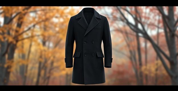 Imagen de un abrigo negro reversible de lujo sobre un fondo de temporada otoño-invierno