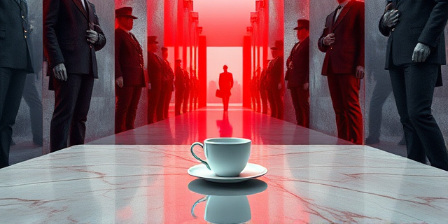 Una imagen abstracta que represente un laberinto de espejos rotos, con una taza de café derramada en primer plano. Los espejos reflejan fragmentos de uniformes oficiales y siluetas borrosas de personas en conversaciones secretas. Colores predominantes: grises, negros y un rojo intenso que simboliza la tensión y el engaño. Estilo pictórico: Expresionismo abstracto.