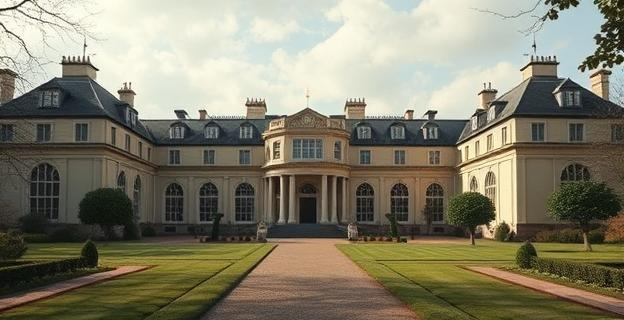 Una mansión lujosa vacía con jardines extensos y una fachada imponente, representando Royal Lodge, con un ambiente de abandono y polémica alrededor.