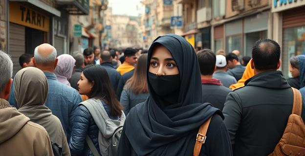 Una calle concurrida en un barrio multicultural con personas de diferentes culturas y vestimentas, destacando una mujer con niqab. El ambiente es de debate y discusión entre los transeúntes.