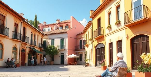 Paisaje español soleado con edificios típicos y personas mayores disfrutando al aire libre