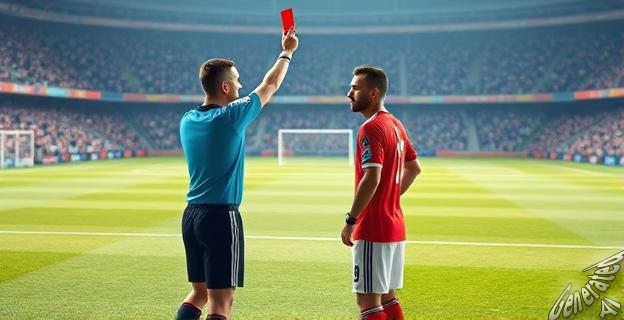 Un estadio de fútbol con un árbitro mostrando una tarjeta roja a un jugador, mientras otro jugador se acerca a discutir la decisión.