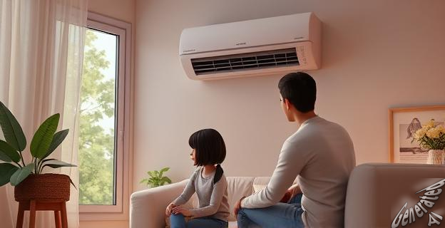 Una familia utilizando un aparato de aire acondicionado en su hogar durante un día caluroso de verano.