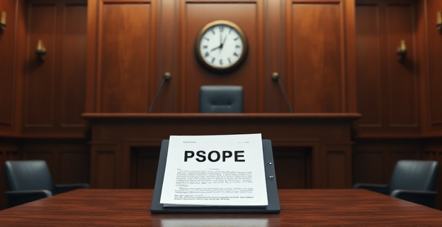 Una sala de tribunal con un juez en el estrado y una carpeta con documentos marcada como 