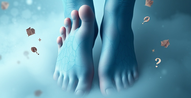 Un par de pies con tonalidad azulada, visiblemente fríos, emergen de un entorno brumoso. Vasos sanguíneos sutilmente marcados en la piel, indicando restricción del flujo. Un mapa de venas y arterias se superpone delicadamente sobre la piel, mientras pequeños iconos de hojas marchitas y símbolos de interrogación flotan alrededor, sugiriendo problemas ocultos de salud.