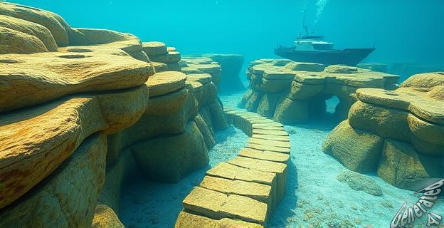 imagen de una formación rocosa submarina que parece un camino de baldosas amarillas, en el fondo del mar con un buque de investigación al fondo