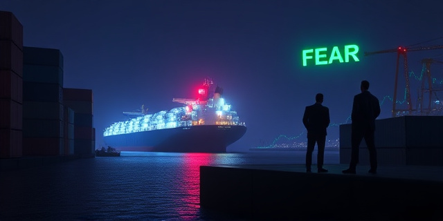 
  Una escena minimalista en un puerto nocturno: contenedores apilados como fichas de dominó a punto de caer, mientras en el horizonte se ve un barco petrolero iluminado por focos rojos y azules, como en una película de espías. Al fondo, siluetas de ejecutivos en trajes oscuros observando un gráfico de bolsa que sube en vertical, con la palabra 