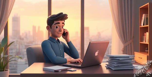 Una persona trabajando en casa con una laptop y un teléfono, rodeada de papeles y con una vista de la ciudad al fondo.