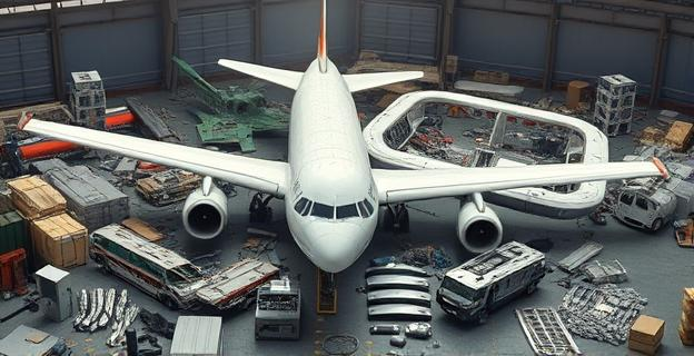 Imagen de un avión comercial en un desguace, con piezas siendo desmontadas y clasificadas por materiales, en un entorno industrial