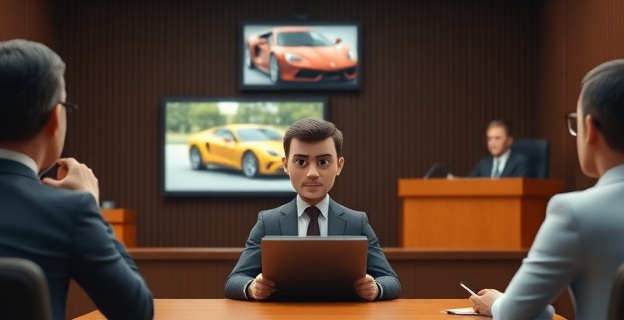 Una escena de un juzgado con un hombre sentado en el banquillo de los acusados, con una expresión de arrepentimiento, rodeado de abogados y jueces. Al fondo, una pantalla muestra la imagen de un coche siendo vendido en una subasta.