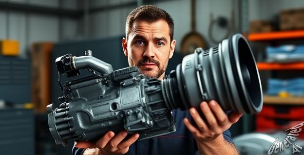 Un mecánico mostrando una caja de cambios automática de un Porsche en un taller, con una expresión de sorpresa y desapprobación en su rostro.