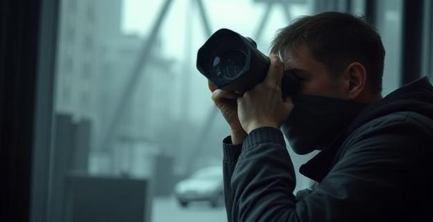 Una imagen que represente un estado de alerta y observación intensa, como una persona mirando a través de un objetivo de cámara o un binóculo, en un entorno que sugiera vigilancia o espionaje.