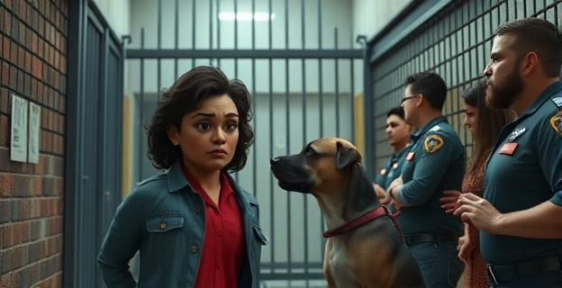 Una mujer enfadada en la entrada de una cárcel siendo olfateada por un perro adiestrado mientras otros esperan en fila