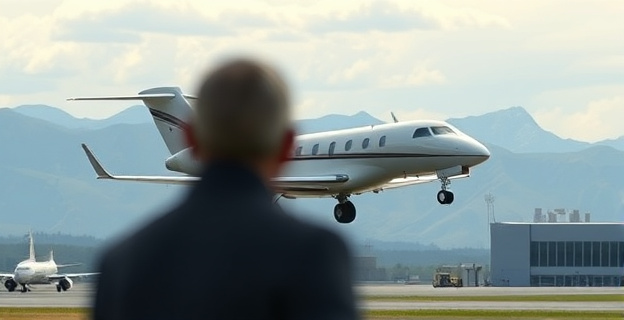Imagen de un jet privado despegando en un aeropuerto poco concurrido, con un paisaje de montañas al fondo y una figura borrosa en primer plano, representando la clandestinidad de los vuelos.