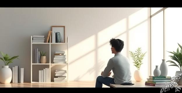 Imagen de una persona reflexionando en un entorno minimalista y sereno, con libros y elementos que sugieren creatividad y curiosidad. El ambiente debe transmitir introspección y pensamiento profundo.