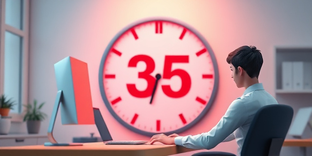 Una imagen conceptual de una persona trabajando en una oficina con un reloj de fondo que muestra 35 horas