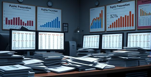 Una mesa de oficina desordenada con pilas de documentos desorganizados y pantallas de ordenador mostrando tablas de datos incompletas. Al fondo, una pared con gráficos y estadísticas de contratación pública. La iluminación es tenue y hay un ambiente de desorganización.