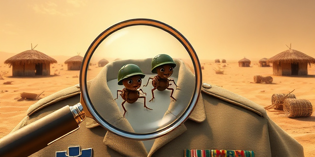 Una ilustración conceptual y satírica que muestra un uniforme militar impecable pero con una lupa gigante enfocando la tela, revelando pequeños ácaros caricaturizados con cascos militares. El fondo es una playa árida con restos de chozas de cartón y cañas bajo un sol abrasador, estilo editorial de periódico, colores contrastados y tono crítico.