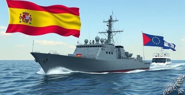 Una imagen de una fragata militar escoltando a una flotilla de barcos rumbo a Gaza, con banderas de España y la Unión Europea ondeando en el fondo.