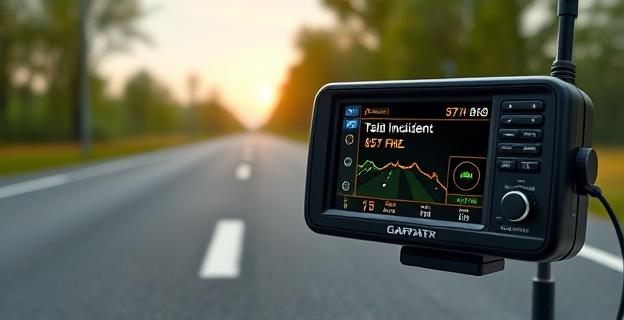 Imagen de una carretera con un navegador GPS mostrando un mensaje de incidencia vial, con una radio FM al fondo emitiendo señales a 57 kHz
