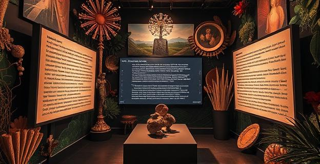 Una instalación de arte futurista con pantallas mostrando fragmentos del Quijote reescritos por inteligencia artificial, con elementos de naturaleza y símbolos de género alrededor.