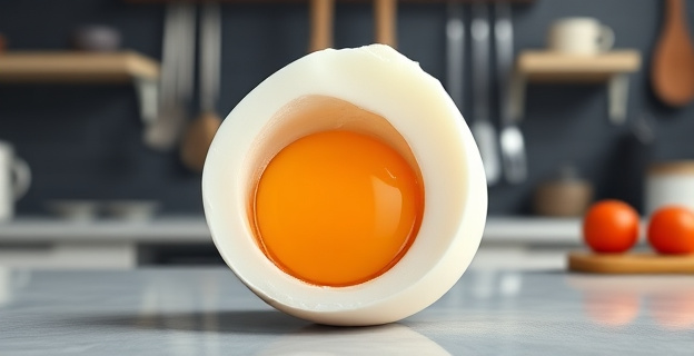 Una imagen de un huevo cocido perfecto con una yema brillante y una clara firme, sobre un fondo de cocina moderna con utensilios de precisión y un temporizador en el centro.