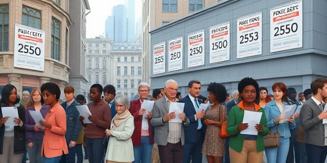 Un escenario urbano con una gran fila de personas de distintas edades y colores de piel, todos con documentos de pensión en la mano, mientras un fondo de edificios con carteles que indican cifras crecientes de deuda pública, todo en tonos grises y azules que reflejan la incertidumbre del sistema de seguridad social.