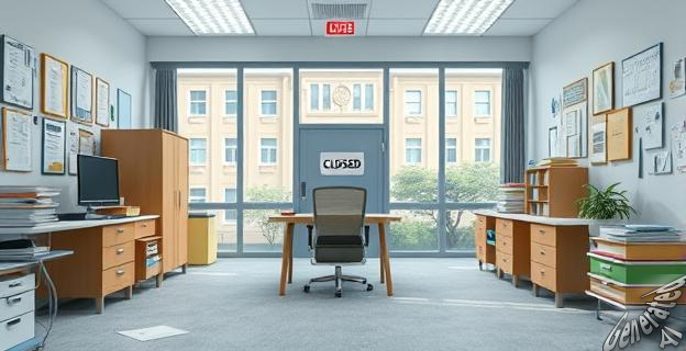 Una oficina vacía con documentos y equipos de oficina desorganizados, con un letrero de 