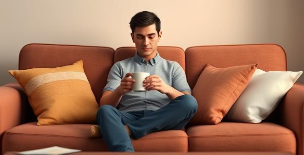 Imagen de una persona sentada en un sofá, con expresión reflexiva, rodeada de cojines y con una taza de café en la mano, simbolizando introspección y sanación emocional