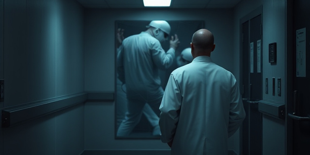Un corredor de hospital con luces tenues, un médico de bata blanca parado frente a un espejo roto que refleja figuras abstractas de personas con gestos agresivos; sombras difusas, colores apagados, sensación de tensión y violencia silenciosa.