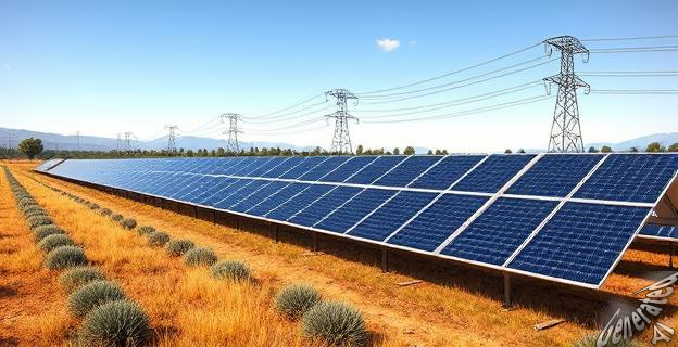 Una planta fotovoltaica en un paisaje rural de Badajoz con paneles solares y una central eléctrica al fondo, mostrando una línea de alta tensión.
