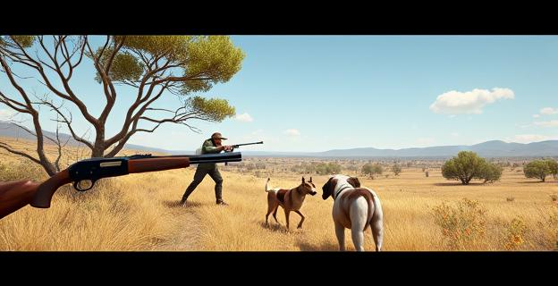 Imagen de un paisaje rural español con elementos de caza como escopetas y perros, y al fondo un cazador en acción, con un cielo despejado y vegetación típica mediterránea.