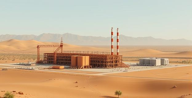 Una desaladora industrial en un paisaje desértico marroquí con montañas al fondo