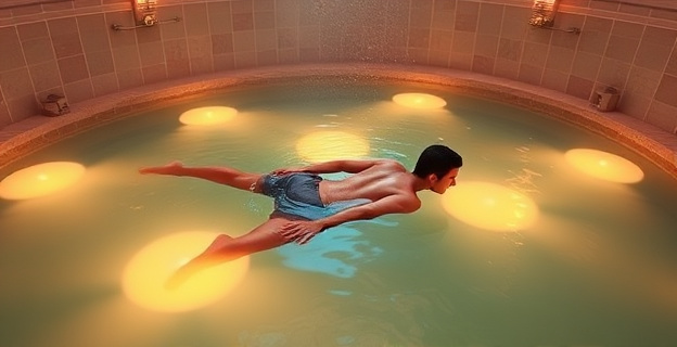 Una piscina climatizada con agua tibia donde una persona flota mientras un terapeuta realiza movimientos suaves y estiramientos