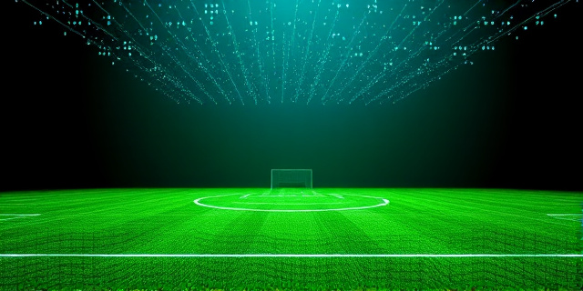 Una representación abstracta de un campo de fútbol digitalizado. Líneas brillantes de código fluyen a través del césped verde, formando siluetas de jugadores pixelados. El cielo está lleno de algoritmos visualizados como constelaciones. Colores predominantes: verde neón, azul eléctrico y negro intenso. Estilo futurista y tecnológico.
