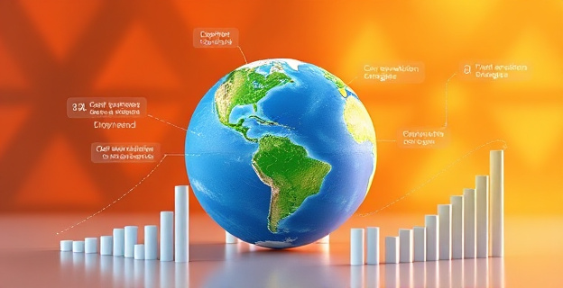 Una representación visual de un planeta Tierra verde y azul rodeado de gráficos que ilustran la reducción de emisiones de carbono y el aumento de energías renovables, con un fondo de colores cálidos que simbolizan la acción climática.