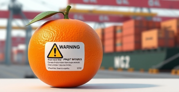 Una imagen de una naranja con una etiqueta de advertencia y un fondo de un puerto con contenedores de frutas siendo inspeccionados por autoridades sanitarias.