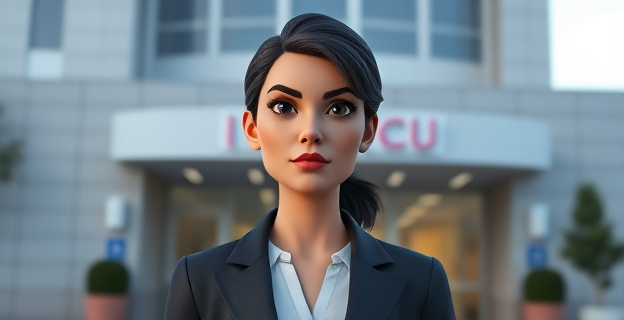 Una mujer con expresión seria y decidida, vestida con ropa formal, está de pie frente a un hospital con una fachada moderna y minimalista. Al fondo, se ve un cartel que dice 