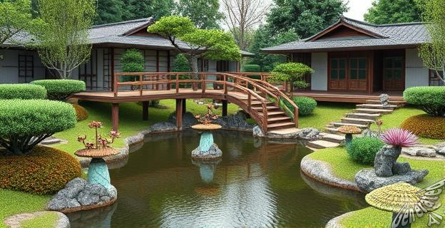 Un jardín japonés con estanques, puentes de madera y vegetación cuidadosamente seleccionada, con un museo de bonsáis en el interior.